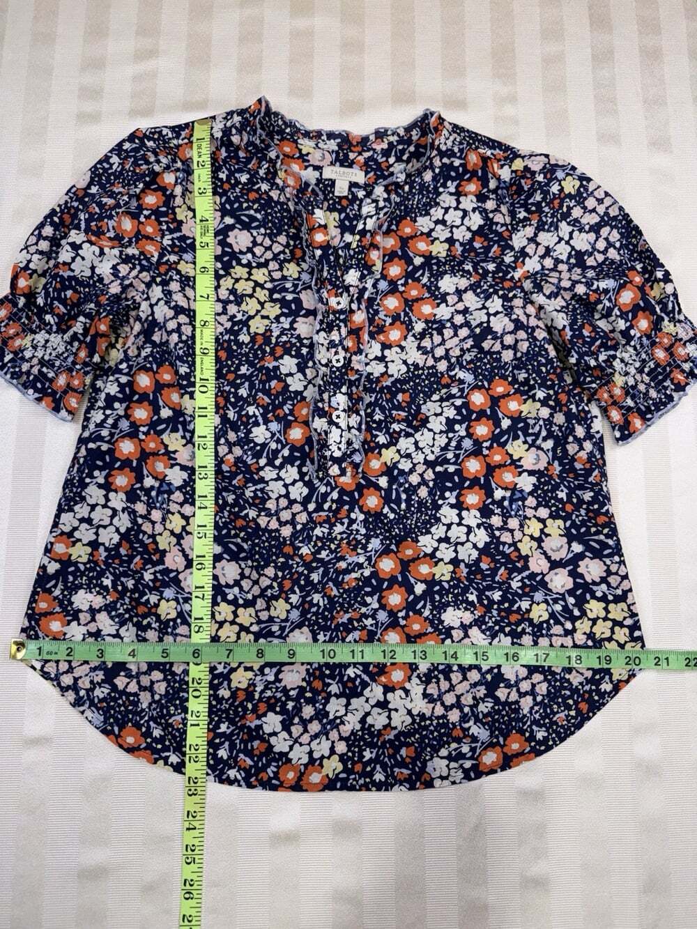 Talbots Petites Ruffle Trim Top Size SP Navy Floral Print Smocked Half Sleeves - Picture 7 of 11